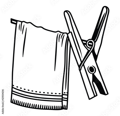 Clothes peg hanging on a line, near a hanger line art icon sign silhouette vector illustration