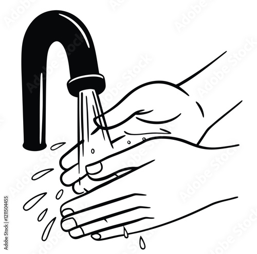 A drawing of handwashing at a sink emphasizing hygiene. Hand with water drops. Vector illustration hand-drawing hand washing doodle-style drawing details.