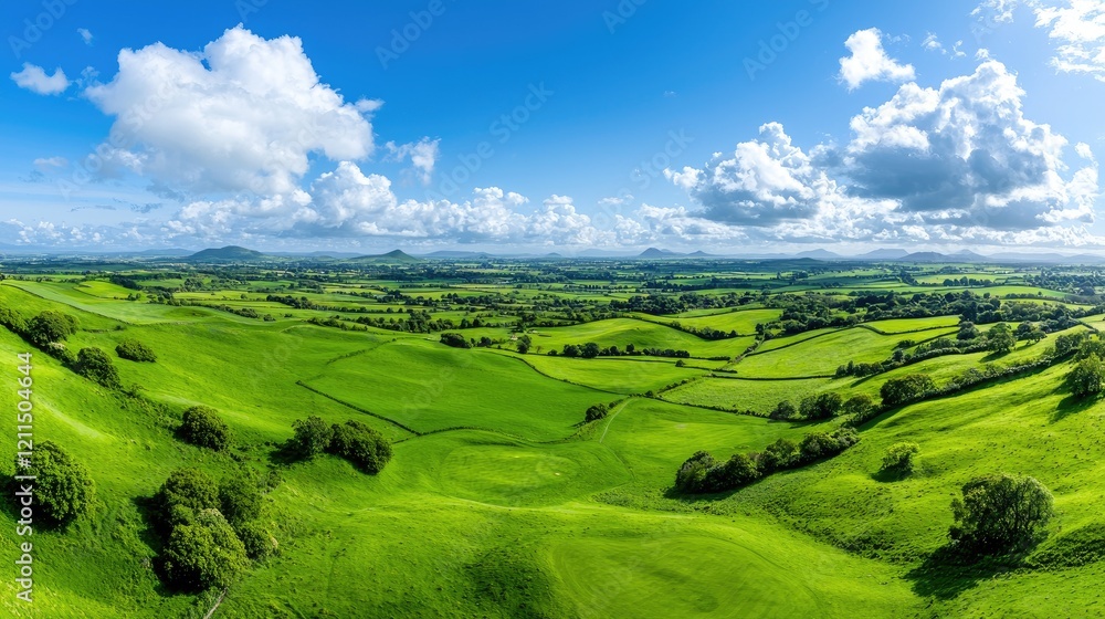 Rolling green hills, farmland vista, sunny day, scenic landscape Rolling green hills, farmland vista, sunny day, scenic landscape