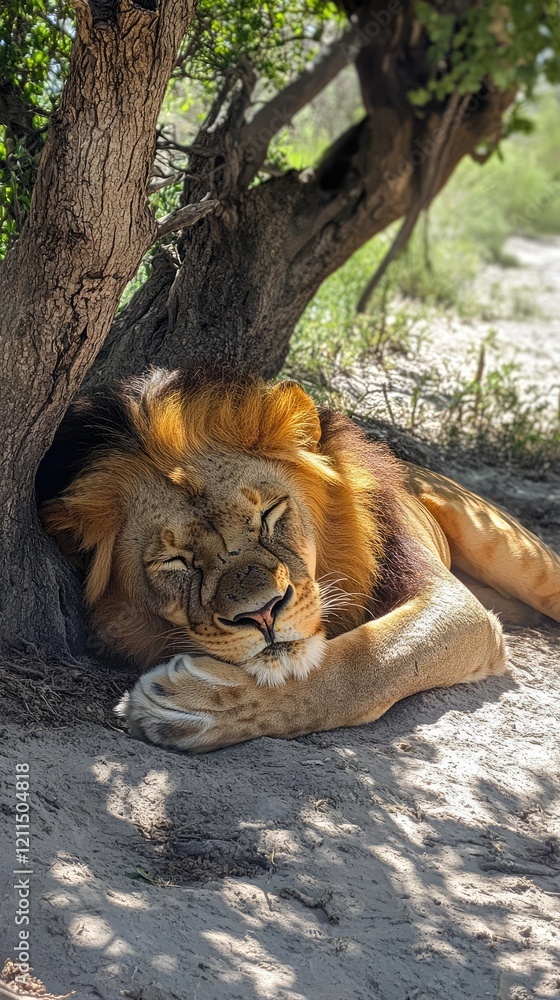 Naklejka premium Male lion sleeping peacefully under a tree in the shade