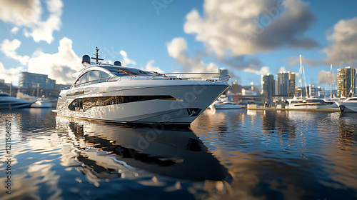 luxurious yacht anchored in serene marina, reflecting vibrant skyline and clouds photo