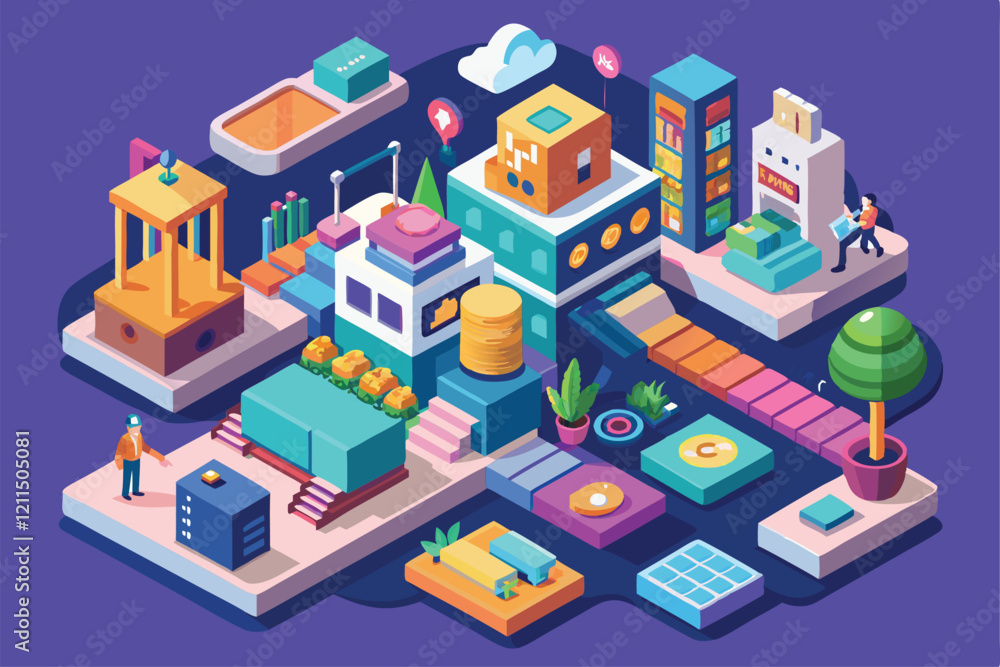 A lively urban environment showcases diverse structures, plants, and figures engaged in dynamic activities Hello Customizable Isometric Illustration A lively urban environment showcases diverse structures, plants, and figures engaged in dynamic activities Hello Customizable Isometric Illustration