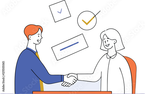 People shaking hands at work - Two businesspeople, man and woman doing handshake in office at work while smiling over business agreement and deal. Flat design stock illustration on white background