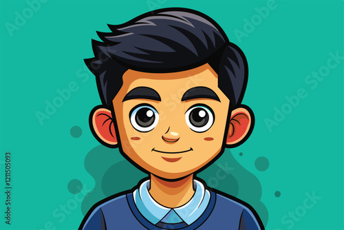 A happy cartoon boy with dark hair smiles, dressed in a sweater, against a vibrant green backdrop Hello Customizable Cartoon Illustration