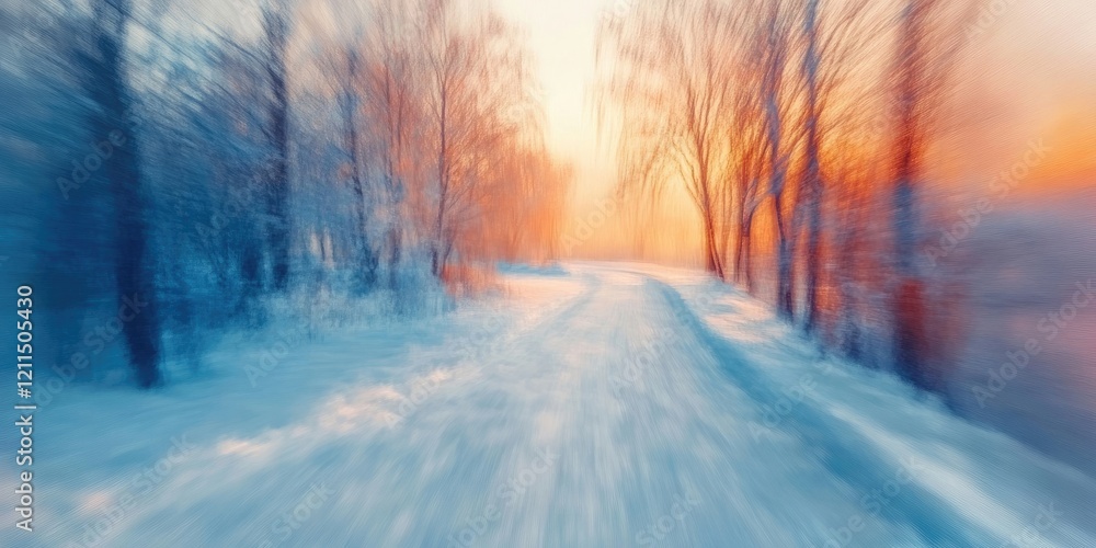 Abstract vibrant winter landscape featuring blurred trees in shades of blue and orange, a snow-covered path leading into a warm, glowing horizon. Abstract vibrant winter landscape featuring blurred trees in shades of blue and orange, a snow-covered path leading into a warm, glowing horizon.