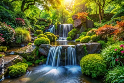 A tranquil backyard retreat: miniature waterfall's gentle cascade creates a peaceful garden scene.