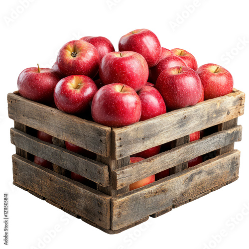 Fresh Red Apples in Wooden Crate on Transparent Background