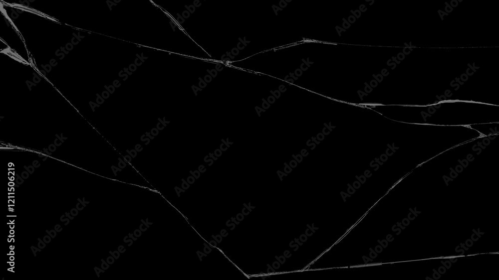 High-quality broken glass texture with sharp cracks on a black background, ideal for creating dramatic visual effects, overlays, and cinematic scenes