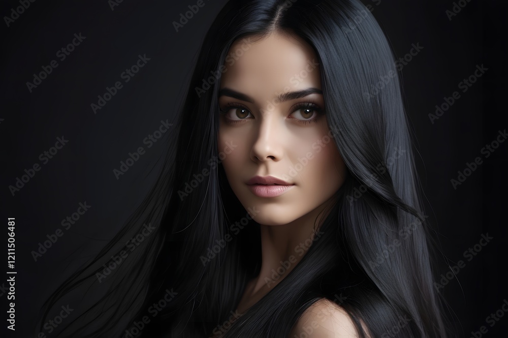 Fototapeta premium Beauty woman with straight black hair on dark background.