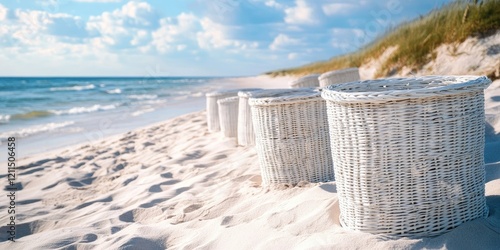 Fototapeta Naklejka Na Ścianę i Meble -  Traditional white wicker beach baskets on sandy shore under blue sky with fluffy clouds by the Baltic Sea creating a serene coastal scene