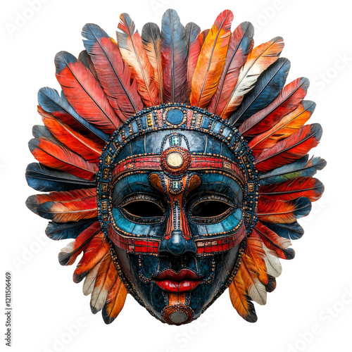 Colorful Tribal Mask with Feathers Isolated on Transparent Background