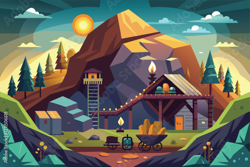 A detailed view of a hidden mining site surrounded by trees at sunset, showcasing mining equipment and buildings Hidden mining Customizable Semi Flat Illustration