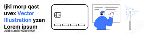 Person in blue presenting on whiteboard with credit card and wind turbine symbols. Ideal for presentations, finance, technology, renewable energy, education, and business innovation. Landing page