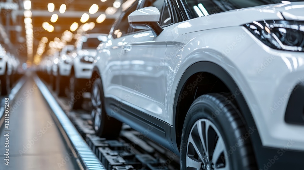 Modern white SUVs on assembly line in factory. Modern white SUVs on assembly line in factory.