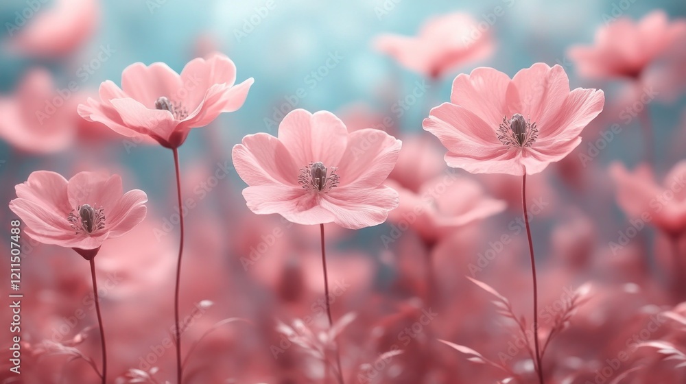Soft pink flowers blooming in a serene meadow under a bright sky, creating a tranquil atmosphere Soft pink flowers blooming in a serene meadow under a bright sky, creating a tranquil atmosphere