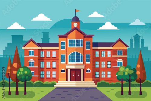 A modern high school building with a clock tower and colorful trees in a serene environment under a clear sky High school Customizable Semi Flat Illustration