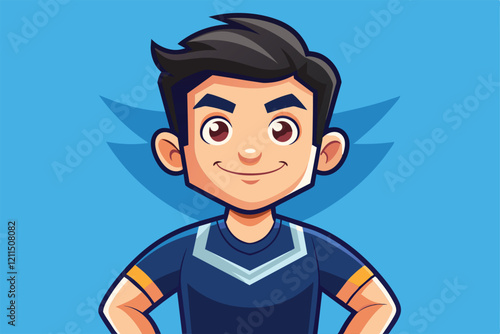 A cartoon character with high self-esteem poses confidently on a vibrant blue background High self-esteem Customizable Cartoon Illustration