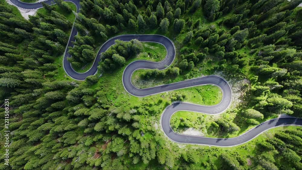 Drone vertical ascent of Passo Giau, Winding green alpine road, vibrant sunlight Drone vertical ascent of Passo Giau, Winding green alpine road, vibrant sunlight