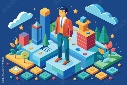 A confident person stands amidst colorful geometric shapes and greenery in a lively landscape filled with elements High self-esteem Customizable Isometric Illustration