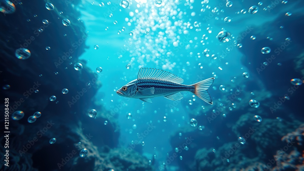 Fototapeta premium Underwater Needlefish Seascape, Blue Fish, Bubbles, Bright Colors, Sharp Focus, Stunning Ocean Scene