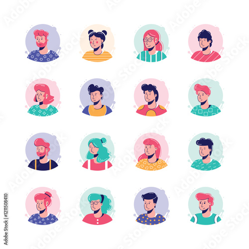 A collection of colorful, flat design portraits of men and women