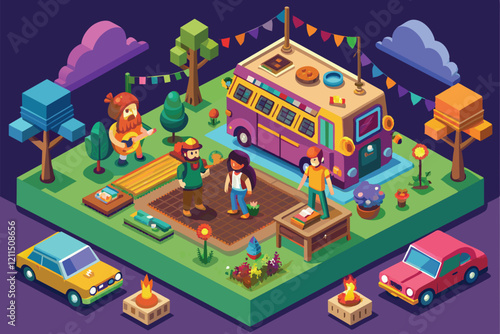 Friends gather around a vintage van, enjoying music, gardening, and a lively celebration in a colorful outdoor setting Hippie party Customizable Isometric Illustration