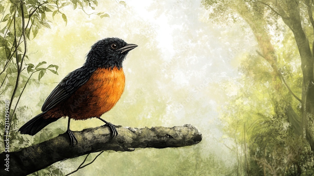 Fototapeta premium Orange and black bird perched on branch in forest.