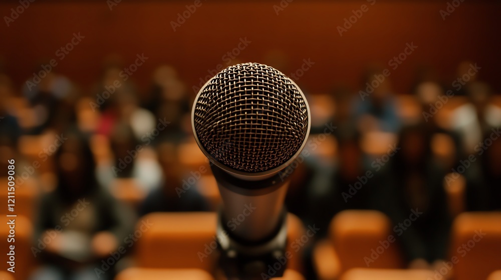 Close-up of a microphone in a public speaking event.