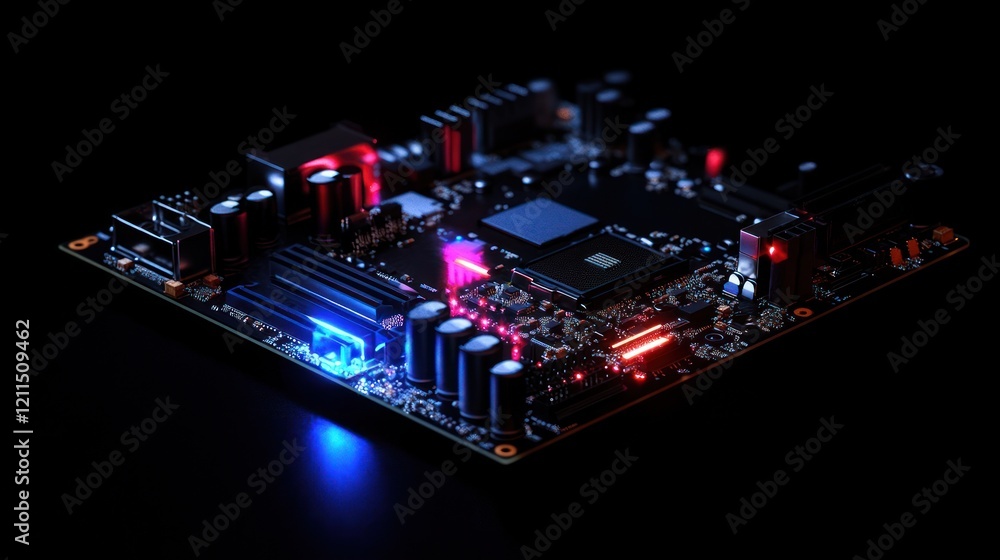 Illuminated Motherboard: A Close-Up of Advanced Computer Technology Illuminated Motherboard: A Close-Up of Advanced Computer Technology