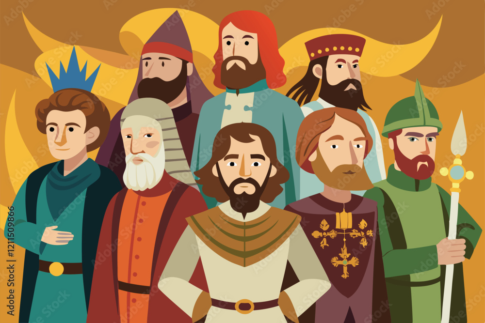 Fototapeta premium Historic medieval figures gather in a castle for a significant event, showcasing diverse roles and attire Historic Medieval Persons,