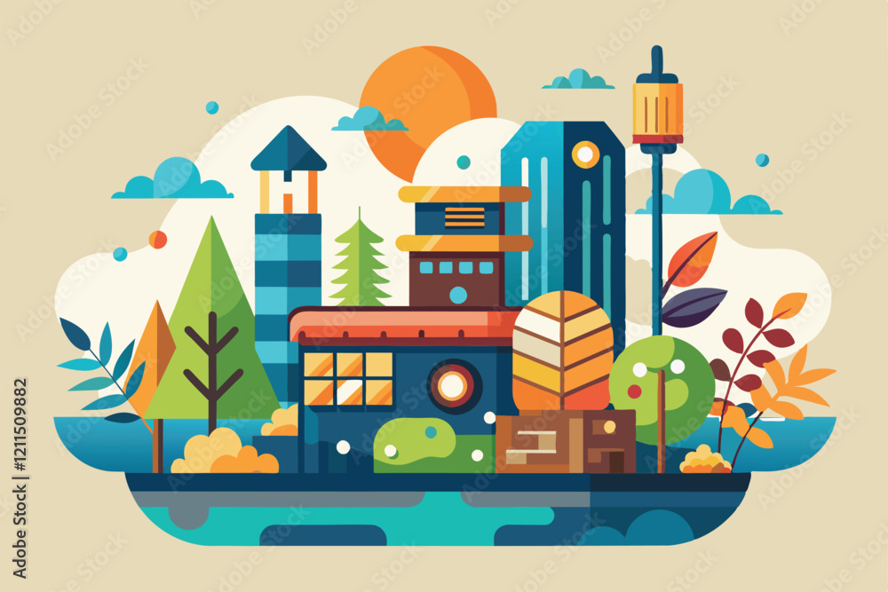 A colorful urban landscape showcases buildings, trees, and a bright sun in a creative illustration Hiring Customizable Semi Flat Illustration A colorful urban landscape showcases buildings, trees, and a bright sun in a creative illustration Hiring Customizable Semi Flat Illustration