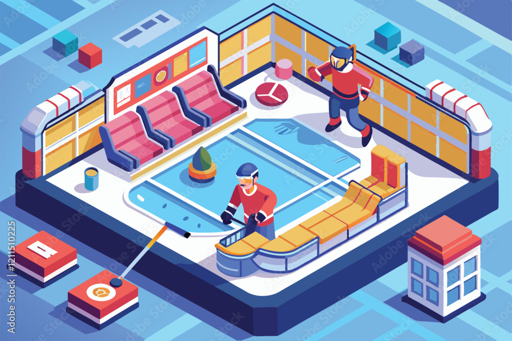 Players practice hockey skills on a colorful, customizable rink with seating and decorations Hockey Customizable Isometric Illustration Players practice hockey skills on a colorful, customizable rink with seating and decorations Hockey Customizable Isometric Illustration