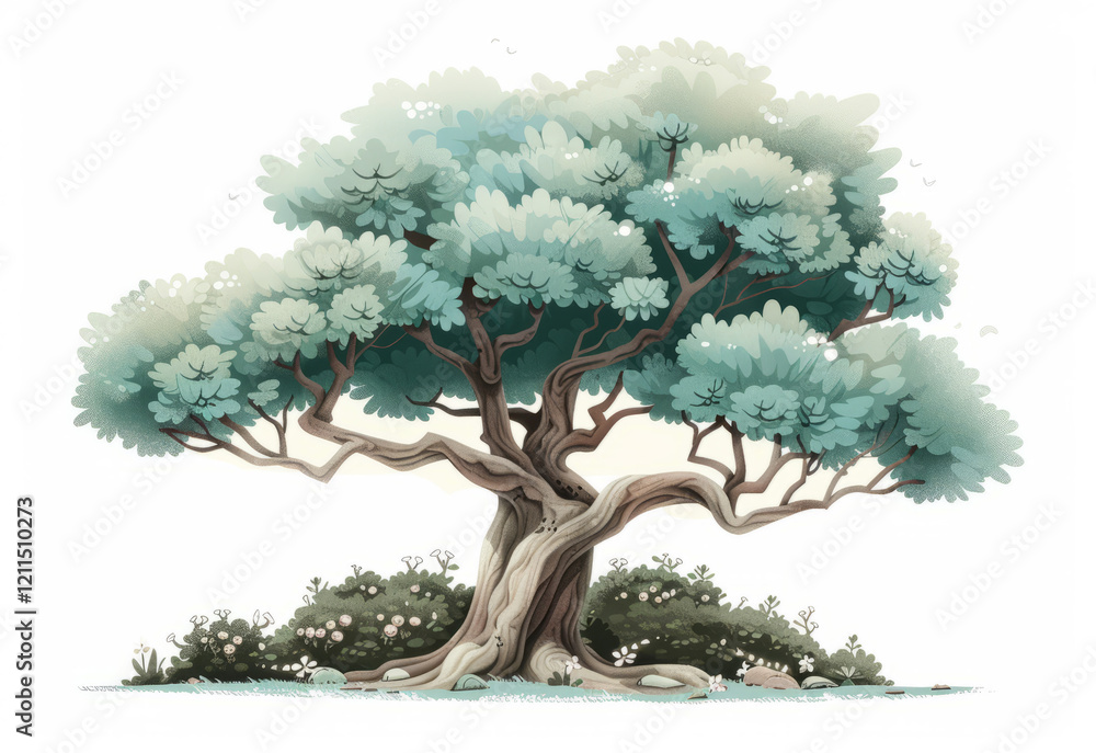 Illustration of a majestic tree with sprawling branches and lush green leaves Illustration of a majestic tree with sprawling branches and lush green leaves