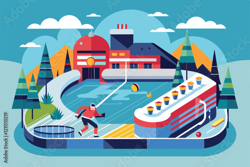 A hockey player skates across a colorful ice rink surrounded by mountains and trees Hockey Customizable Flat Illustration