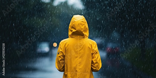 Woman in a yellow raincoat facing away in heavy rain on a dark road with blurred headlights glistening in the background.