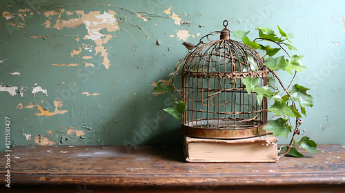 Antique birdcage with detailed wirework and ivy on vintage books, evoking nostalgia photo