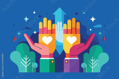 Two vibrant hands with hearts uplift another hand in a whimsical, nature-inspired artwork Holding hands Customizable Disproportionate Illustration