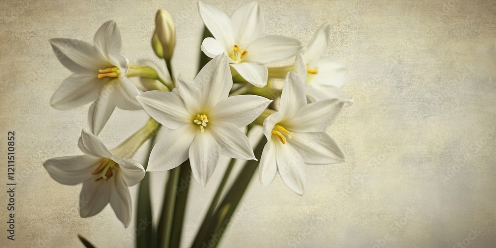 Elegant white flowers blooming with delicate petals and yellow centers arranged against a soft vintage backdrop with warm neutral tones. Elegant white flowers blooming with delicate petals and yellow centers arranged against a soft vintage backdrop with warm neutral tones.