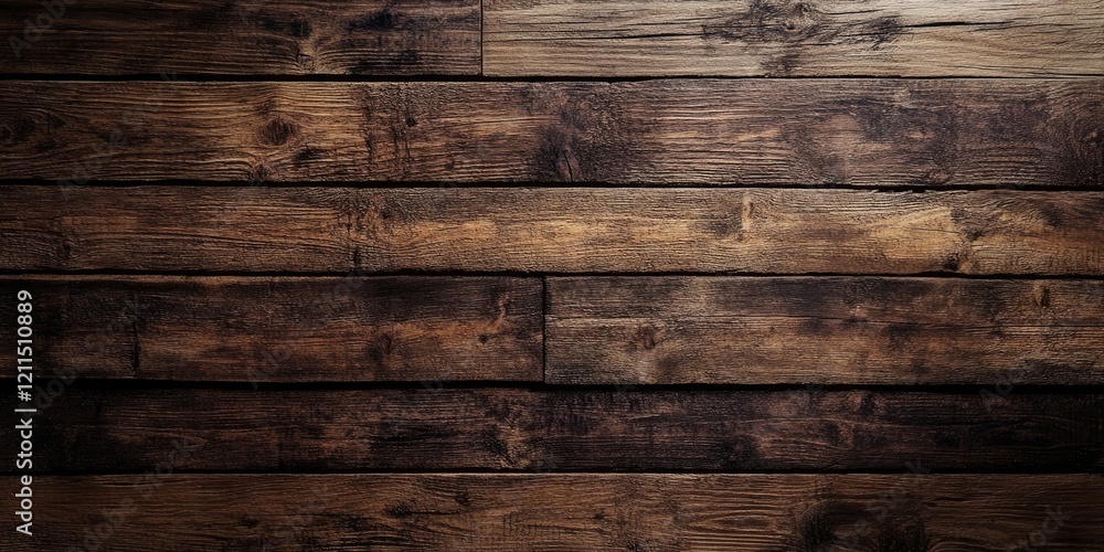 Naklejka premium Weathered dark brown wooden texture backdrop with rustic grunge finish featuring horizontal planks in varying shades of brown and black tones.