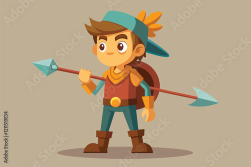 A cheerful cartoon character dressed as an adventurer holds a spear and smiles, inspired by fantasy themes Holding the arrow Customizable Cartoon Illustration
