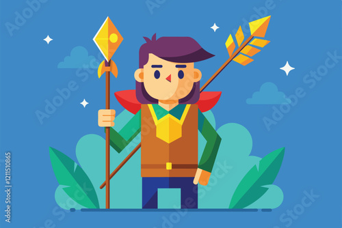 A young character poses with a spear and arrow among colorful foliage Holding the arrow Customizable Flat Illustration