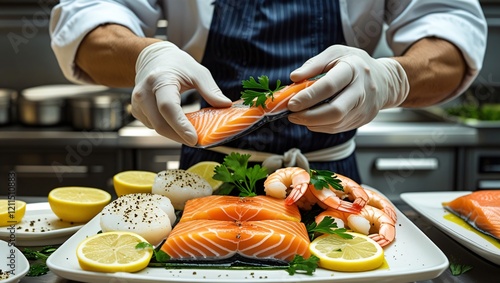 Professional Chef Arranging Fresh Seafood with Garnishes in a Modern Kitchen photo