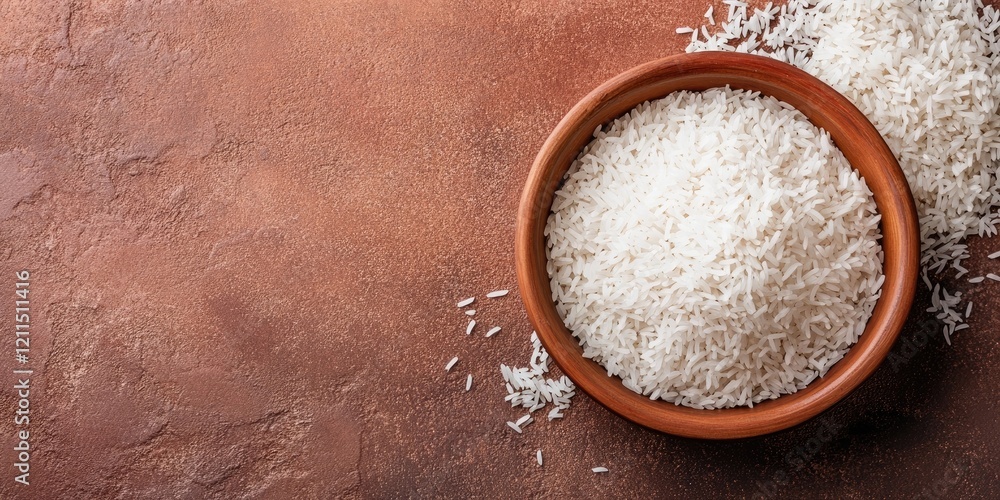 Bowl of white basmati rice placed on a textured brown background with scattered grains to the right creating a rustic culinary scene.