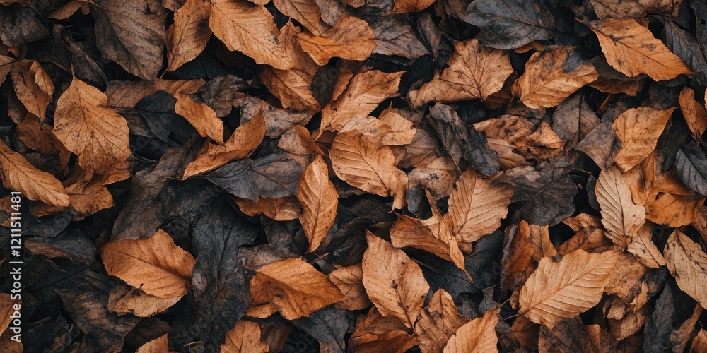 Aesthetic close-up of a dense pile of withered brown and dark leaves on the ground showcasing earthy tones and natural textures in an autumn setting Aesthetic close-up of a dense pile of withered brown and dark leaves on the ground showcasing earthy tones and natural textures in an autumn setting
