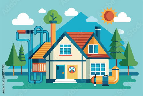 A home heating system integrated into a house with pipes and a chimney under a bright sun and trees Home heating system,