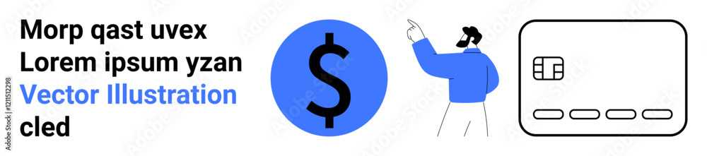Dollar sign icon, person pointing upward, and a credit card. Ideal for banking, finance, e-commerce, transactions, budgeting financial literacy online payments. Landing page Dollar sign icon, person pointing upward, and a credit card. Ideal for banking, finance, e-commerce, transactions, budgeting financial literacy online payments. Landing page