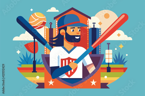 A cheerful player prepares to hit a home run with colorful bats in a playful outdoor environment Home run Customizable Flat Illustration