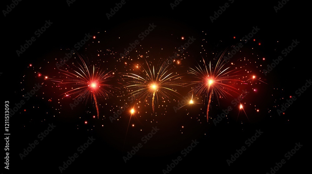 Triple Fireworks Display: A Nighttime Spectacle of Red and Gold Triple Fireworks Display: A Nighttime Spectacle of Red and Gold
