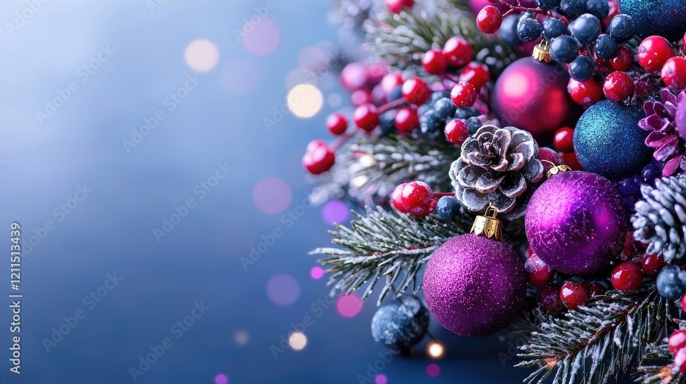 Festive winter arrangement with ornaments, berries, and pine cones. Holiday decoration for cards Festive winter arrangement with ornaments, berries, and pine cones. Holiday decoration for cards