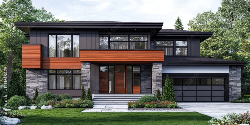 Fototapeta premium Modern Two Story House With Wood And Stone Accents